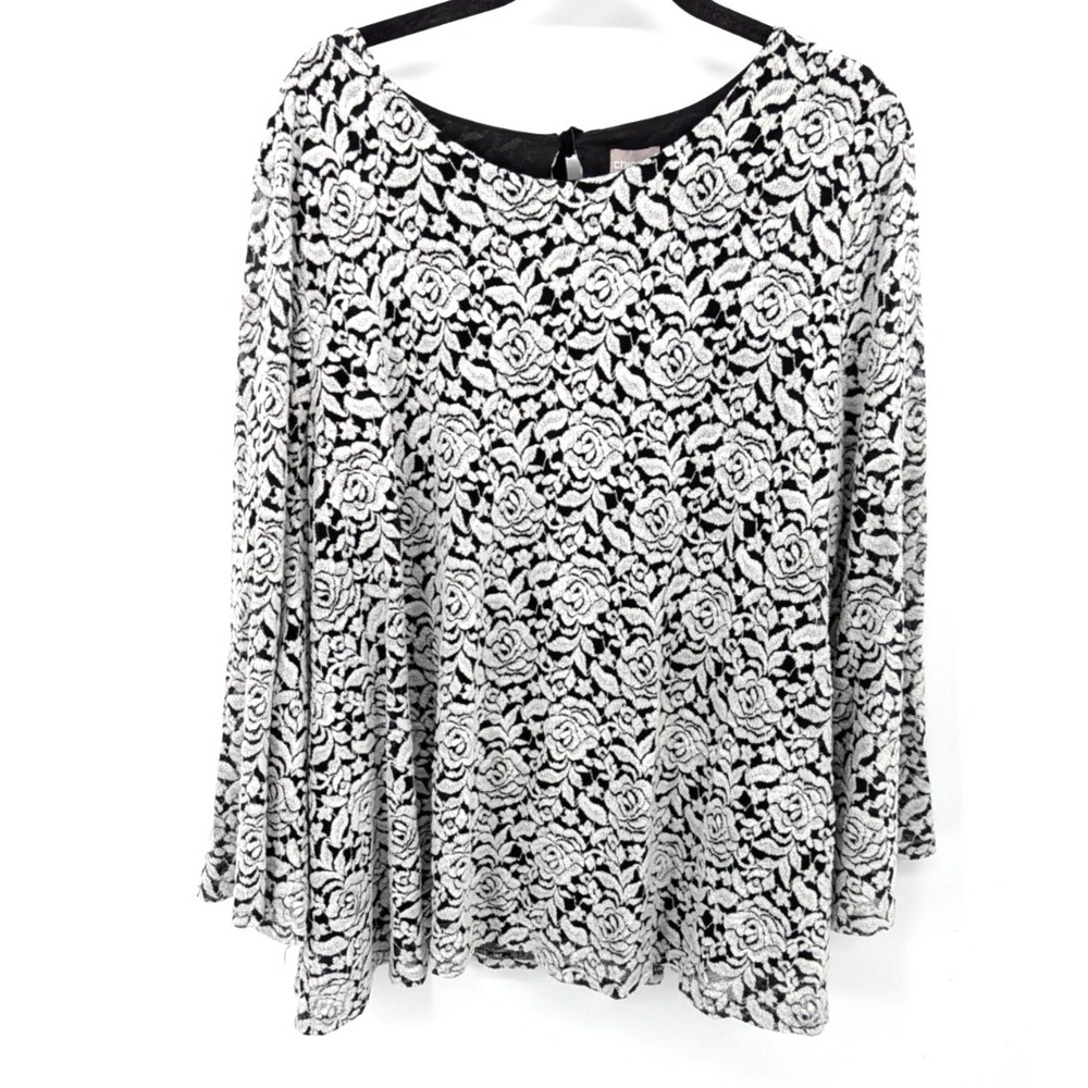 Chicos Blouse Womens XL Black White Floral Flare Sleeve Velvet Long Sleeve Top